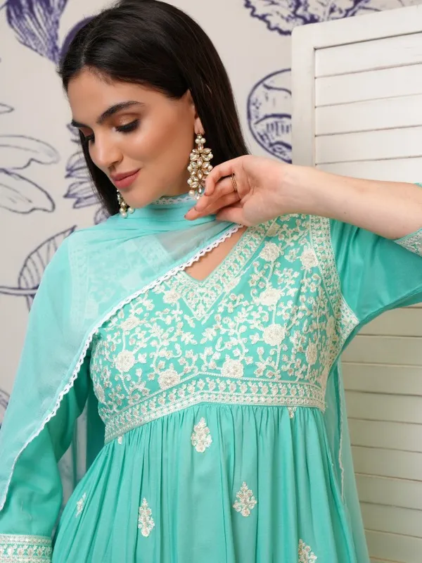 Vishudh Women Blue Embroidered Kurta With Trouser And Dupatta