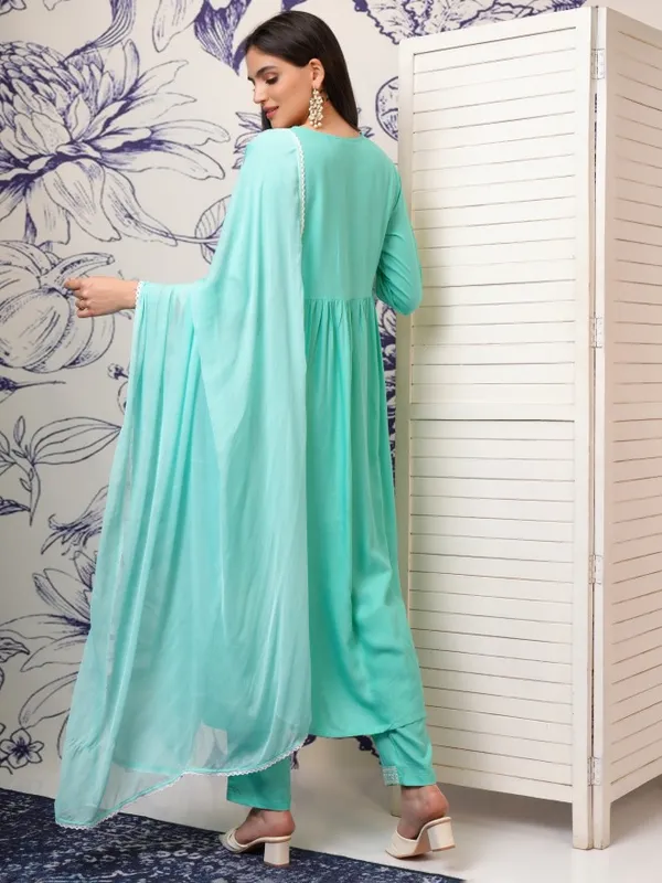 Vishudh Women Blue Embroidered Kurta With Trouser And Dupatta