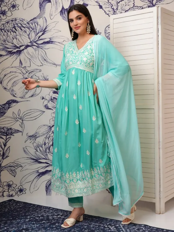 Vishudh Women Blue Embroidered Kurta With Trouser And Dupatta