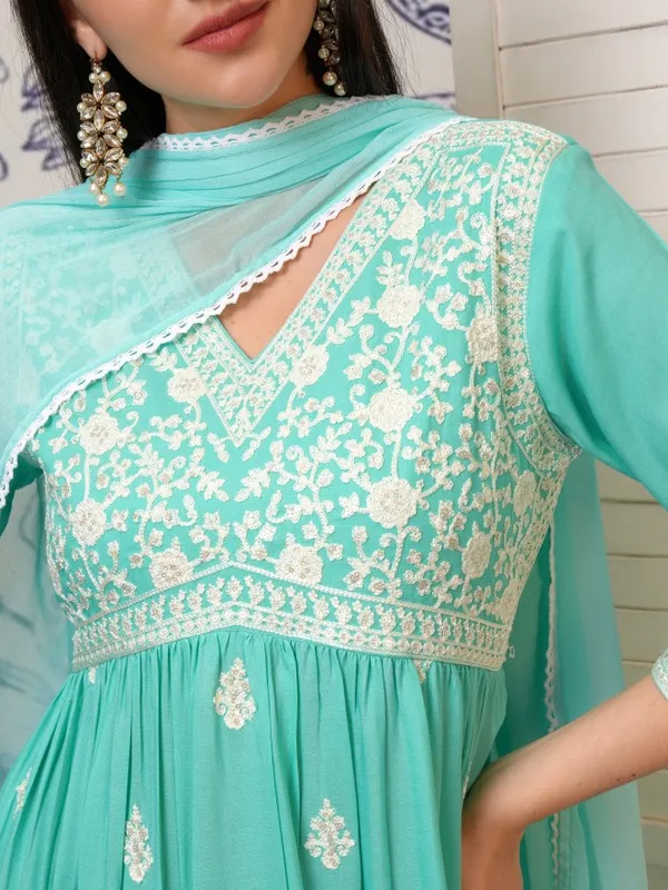 Vishudh Women Blue Embroidered Kurta With Trouser And Dupatta