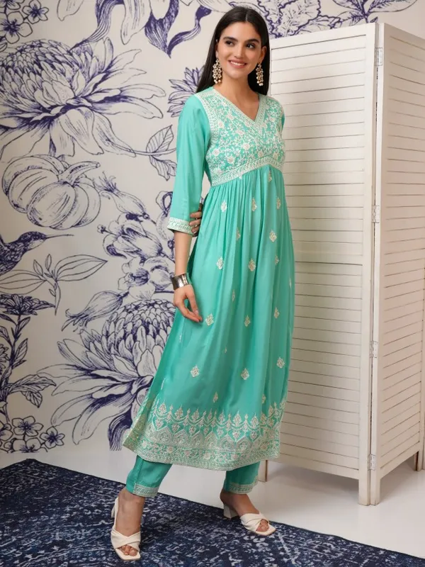 Vishudh Women Blue Embroidered Kurta With Trouser And Dupatta