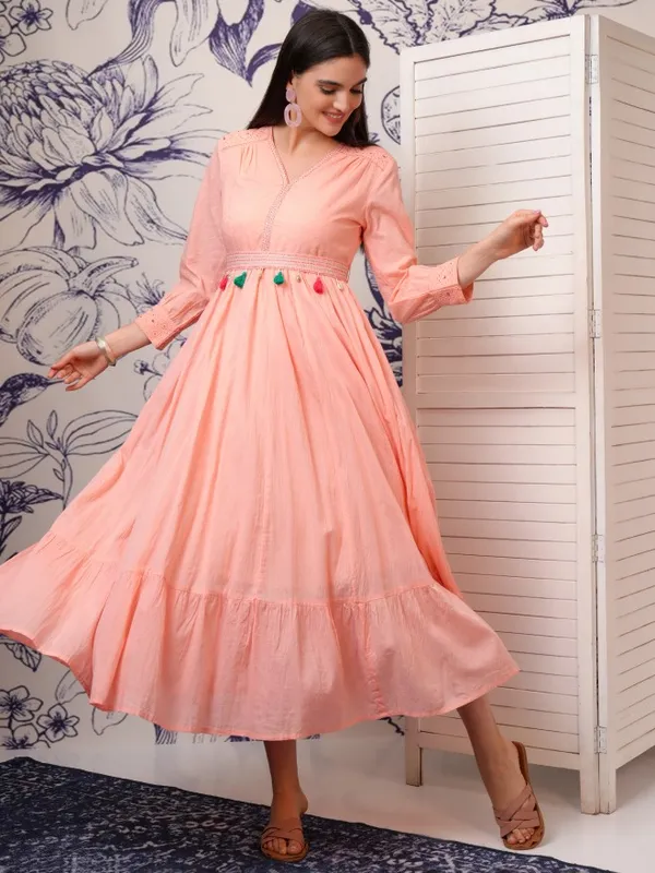 Vishudh Women Peach Solid A-Line Dress