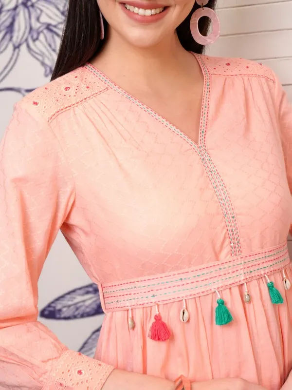 Vishudh Women Peach Solid A-Line Dress