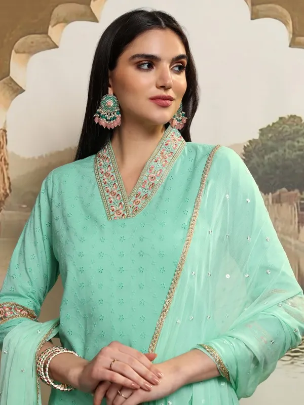 Vishudh Women Blue Embroidered Kurta With Trouser And Dupatta