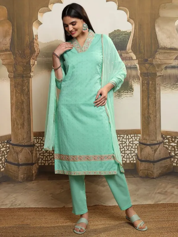 Vishudh Women Blue Embroidered Kurta With Trouser And Dupatta