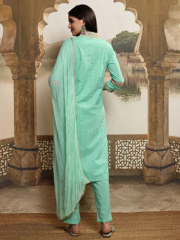 Vishudh Women Blue Embroidered Kurta With Trouser And Dupatta