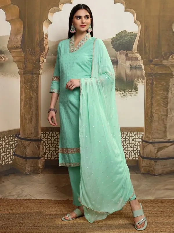 Vishudh Women Blue Embroidered Kurta With Trouser And Dupatta