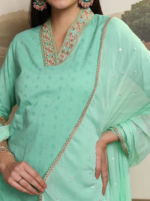 Vishudh Women Blue Embroidered Kurta With Trouser And Dupatta