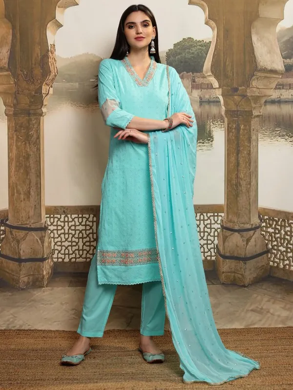 Vishudh Women Blue Embroidered Kurta With Trousers And Dupatta