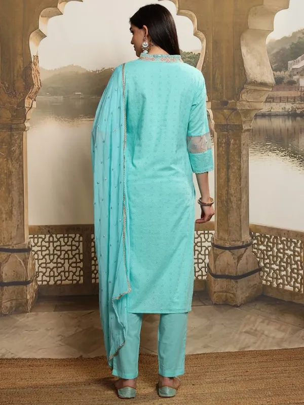 Vishudh Women Blue Embroidered Kurta With Trousers And Dupatta