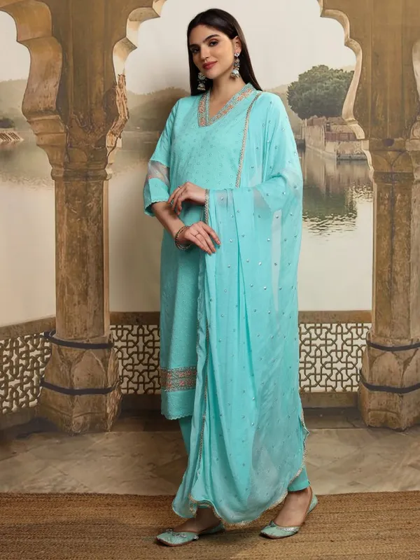Vishudh Women Blue Embroidered Kurta With Trousers And Dupatta