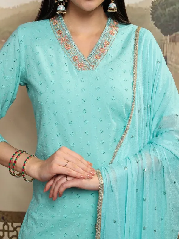 Vishudh Women Blue Embroidered Kurta With Trousers And Dupatta