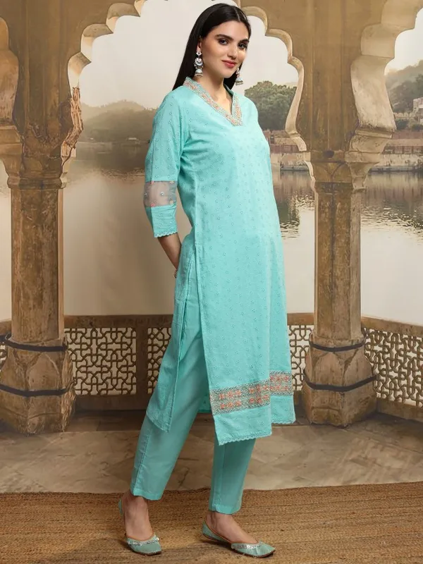 Vishudh Women Blue Embroidered Kurta With Trousers And Dupatta