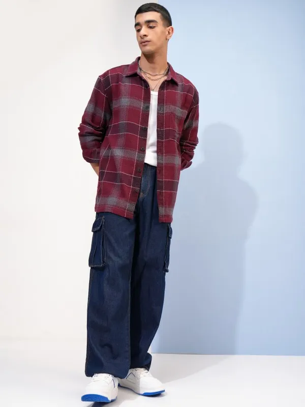  Highlander Men Maroon Checked Oversized Fit Casual Shirts
