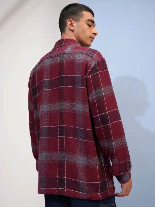  Highlander Men Maroon Checked Oversized Fit Casual Shirts