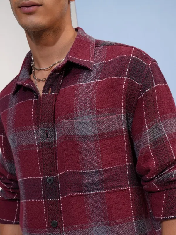  Highlander Men Maroon Checked Oversized Fit Casual Shirts