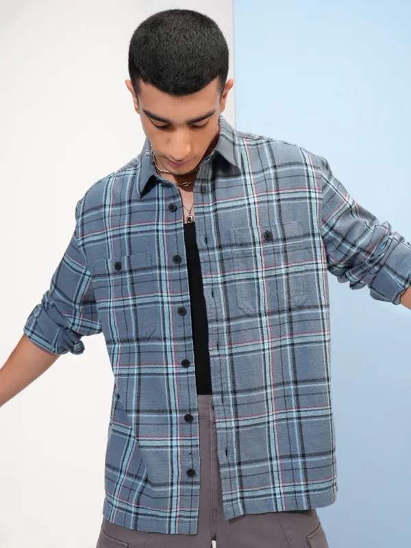  Highlander Men Blue Checked Oversized Fit Casual Shirts