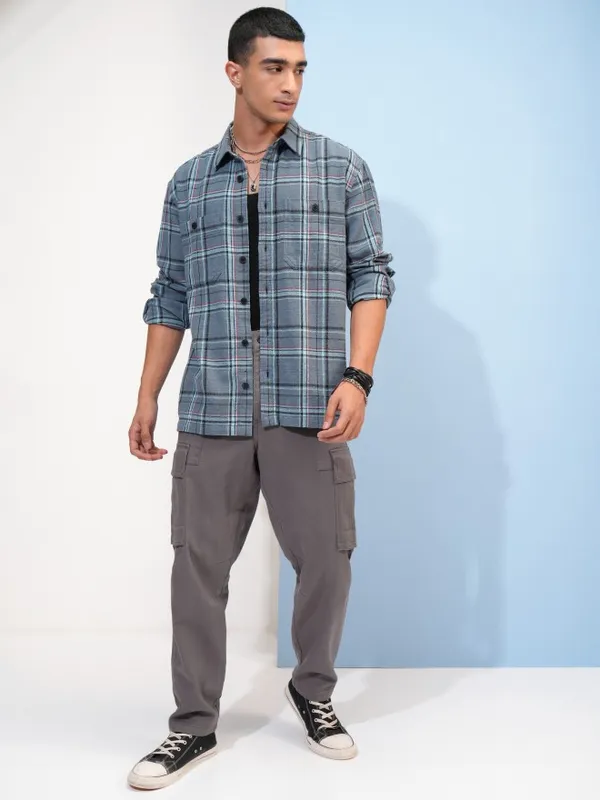  Highlander Men Blue Checked Oversized Fit Casual Shirts