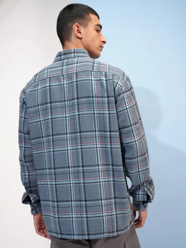  Highlander Men Blue Checked Oversized Fit Casual Shirts