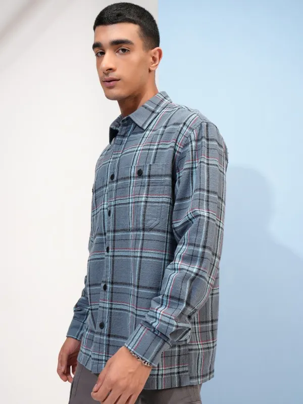  Highlander Men Blue Checked Oversized Fit Casual Shirts