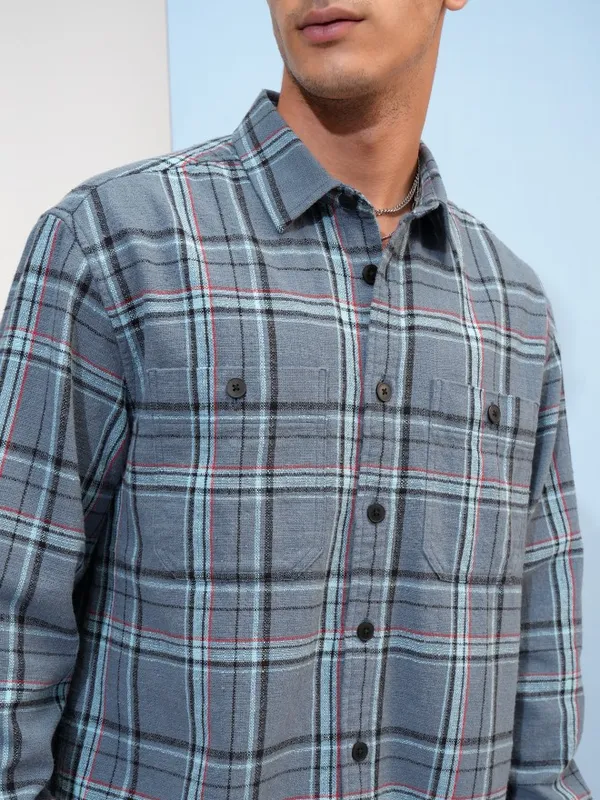  Highlander Men Blue Checked Oversized Fit Casual Shirts