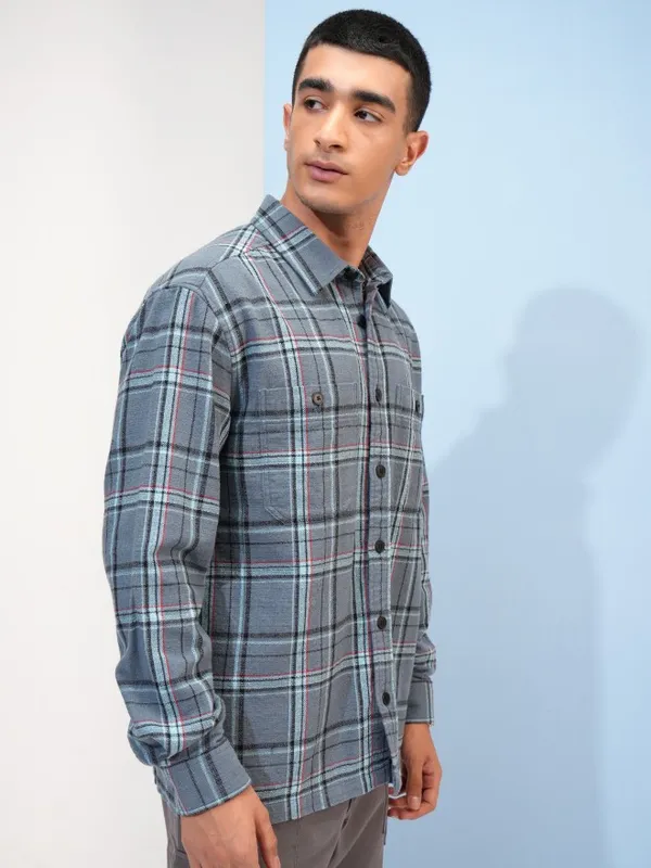  Highlander Men Blue Checked Oversized Fit Casual Shirts