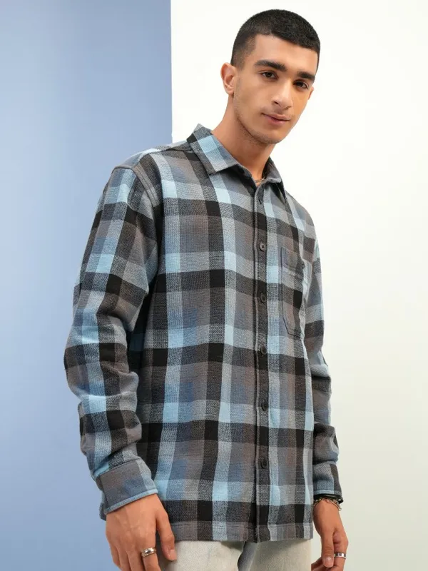  Highlander Men Blue Checked Oversized Fit Casual Shirts