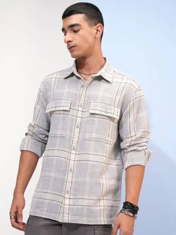  Highlander Men Grey Checked Oversized Fit Casual Shirts