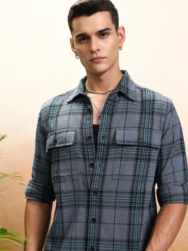 Highlander Men Blue Checked Oversized Fit Casual Shirt