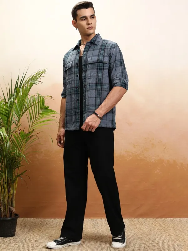 Highlander Men Blue Checked Oversized Fit Casual Shirt