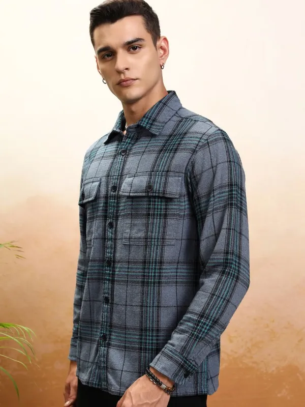 Highlander Men Blue Checked Oversized Fit Casual Shirt