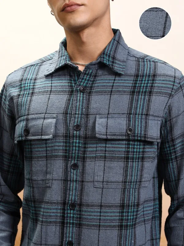 Highlander Men Blue Checked Oversized Fit Casual Shirt