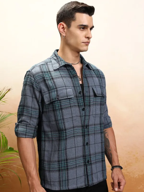 Highlander Men Blue Checked Oversized Fit Casual Shirt