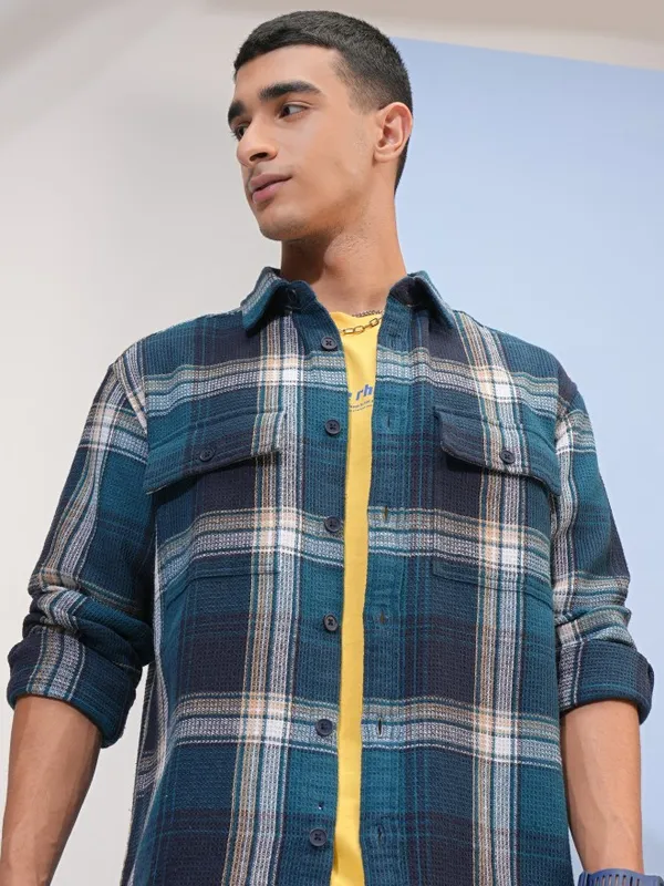  Highlander Men Teal Checked Oversized Fit Casual Shirts