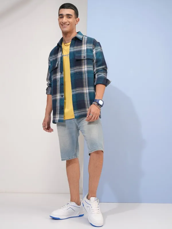  Highlander Men Teal Checked Oversized Fit Casual Shirts