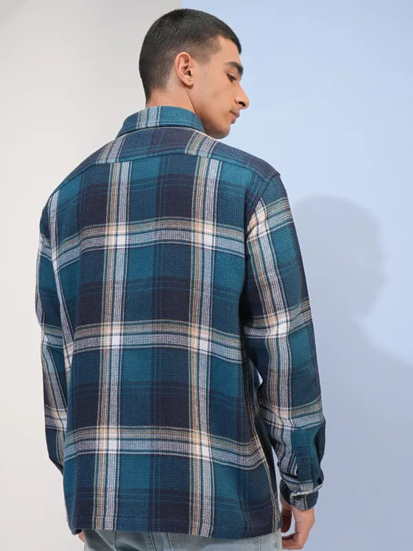  Highlander Men Teal Checked Oversized Fit Casual Shirts