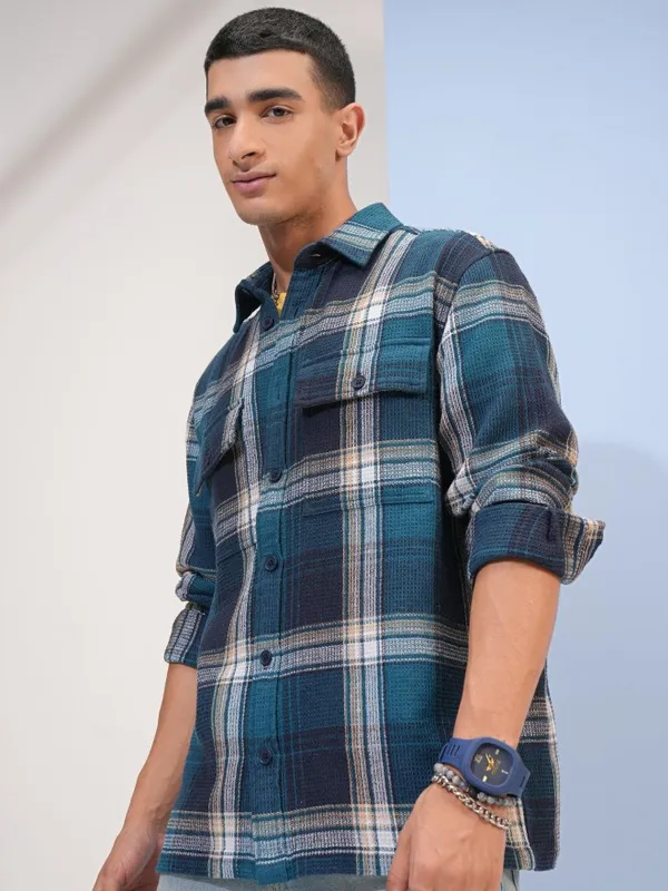 Highlander Men Teal Checked Oversized Fit Casual Shirts