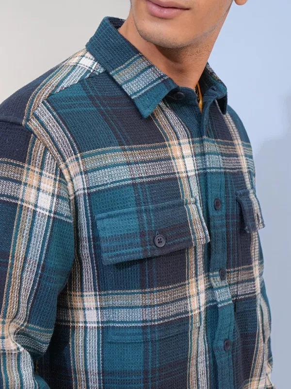 Highlander Men Teal Checked Oversized Fit Casual Shirts