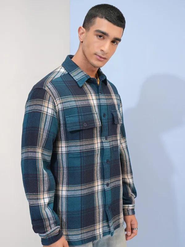  Highlander Men Teal Checked Oversized Fit Casual Shirts
