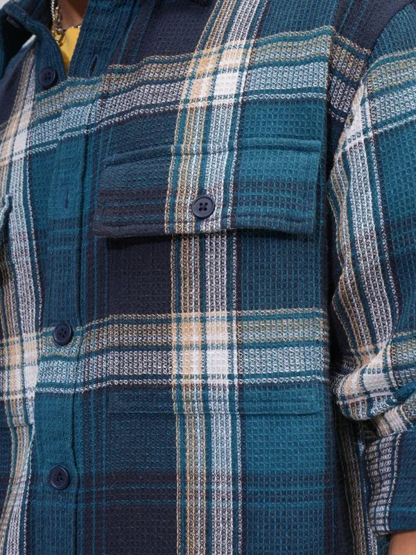  Highlander Men Teal Checked Oversized Fit Casual Shirts