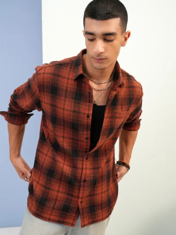  Highlander Men Terracotta Checked Relaxed Fit Casual Shirts