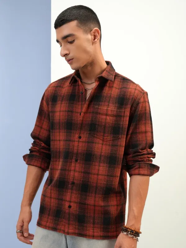  Highlander Men Terracotta Checked Relaxed Fit Casual Shirts