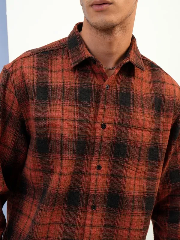  Highlander Men Terracotta Checked Relaxed Fit Casual Shirts