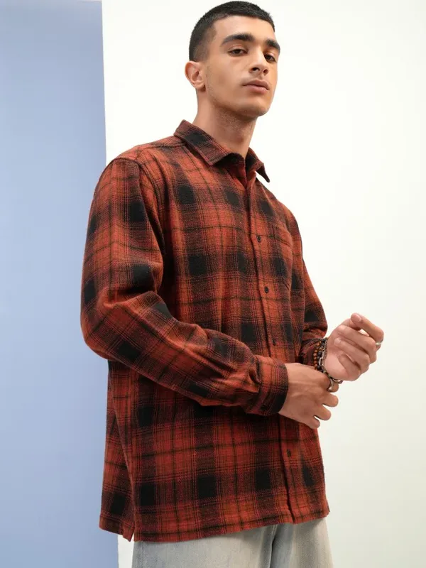  Highlander Men Terracotta Checked Relaxed Fit Casual Shirts