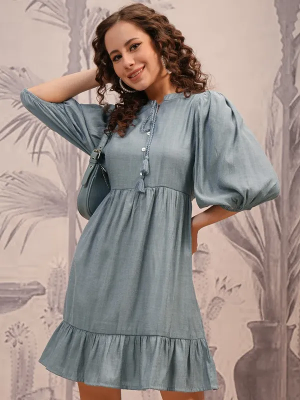 Vishudh Women Blue Solid Fit And Flare Dress
