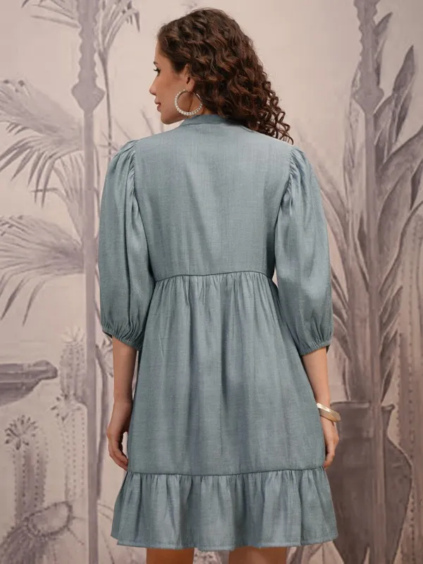 Vishudh Women Blue Solid Fit And Flare Dress