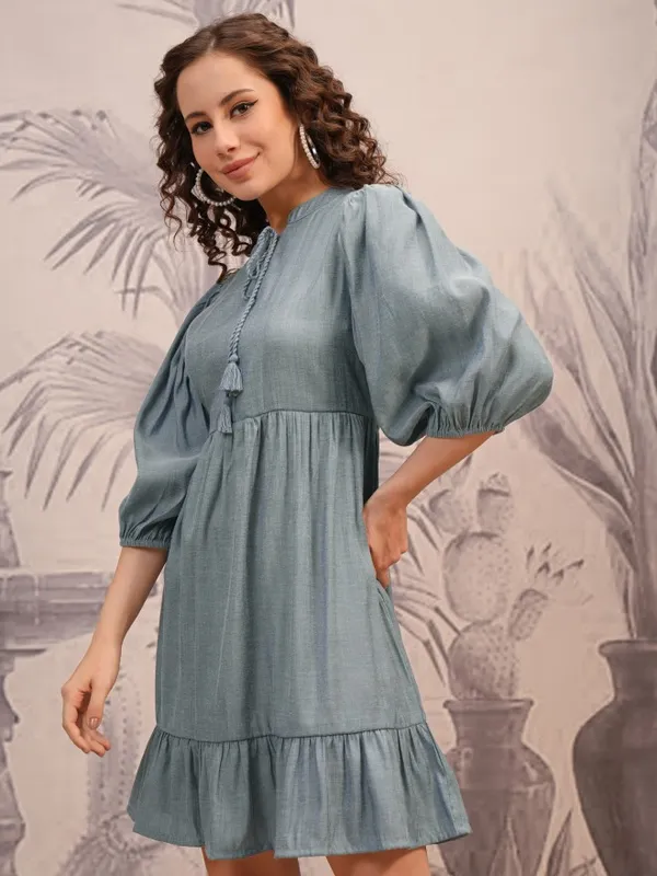 Vishudh Women Blue Solid Fit And Flare Dress