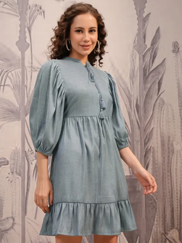 Vishudh Women Blue Solid Fit And Flare Dress