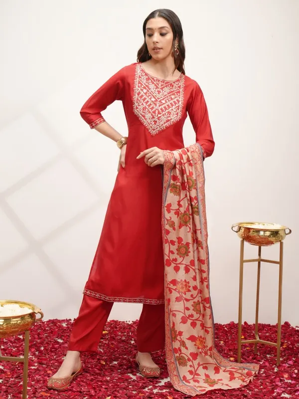  Vishudh Women Red Embroidered Kurta Sets