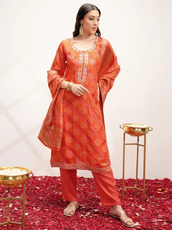 Vishudh Women Orange Embroidered Kurta With Trouser And Dupatta
